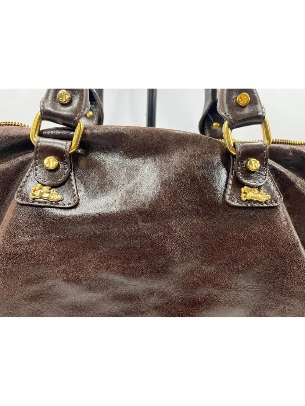 Jenrigo Italian Leather Brown Large Satchel Shoulder Bag Gold Hardware